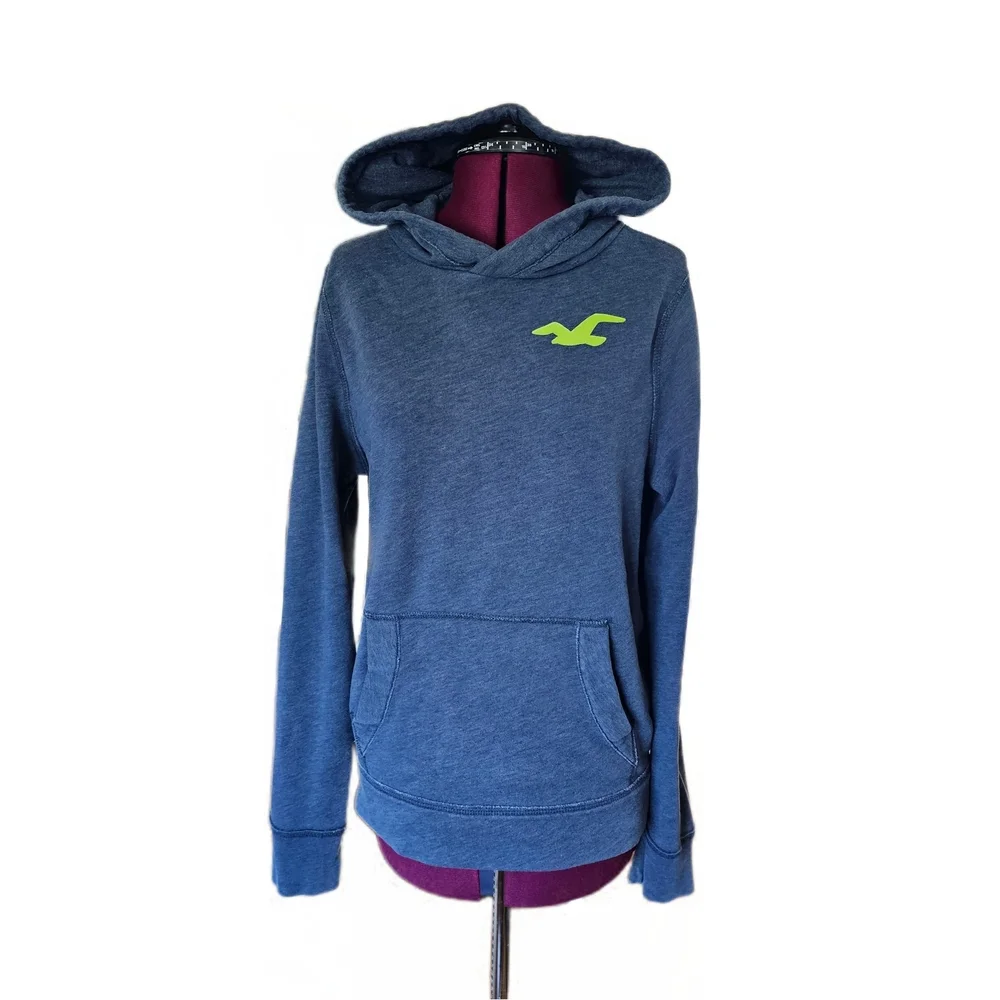 Hollister Blue Hoodie with Neon Lime Green Logo Womens Medium - Picture 1 of 9